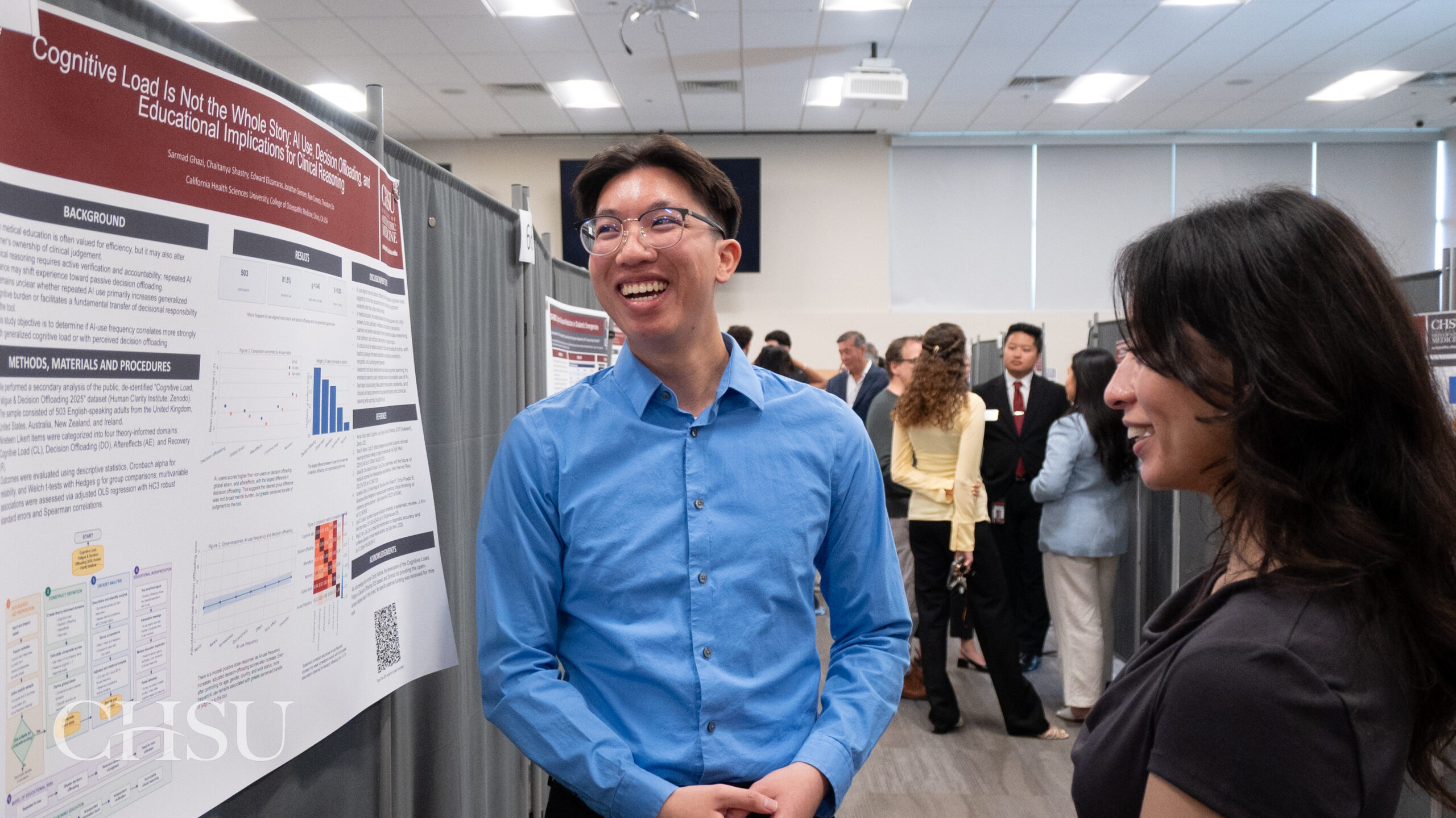 student presenting poster at CHSU Research Day