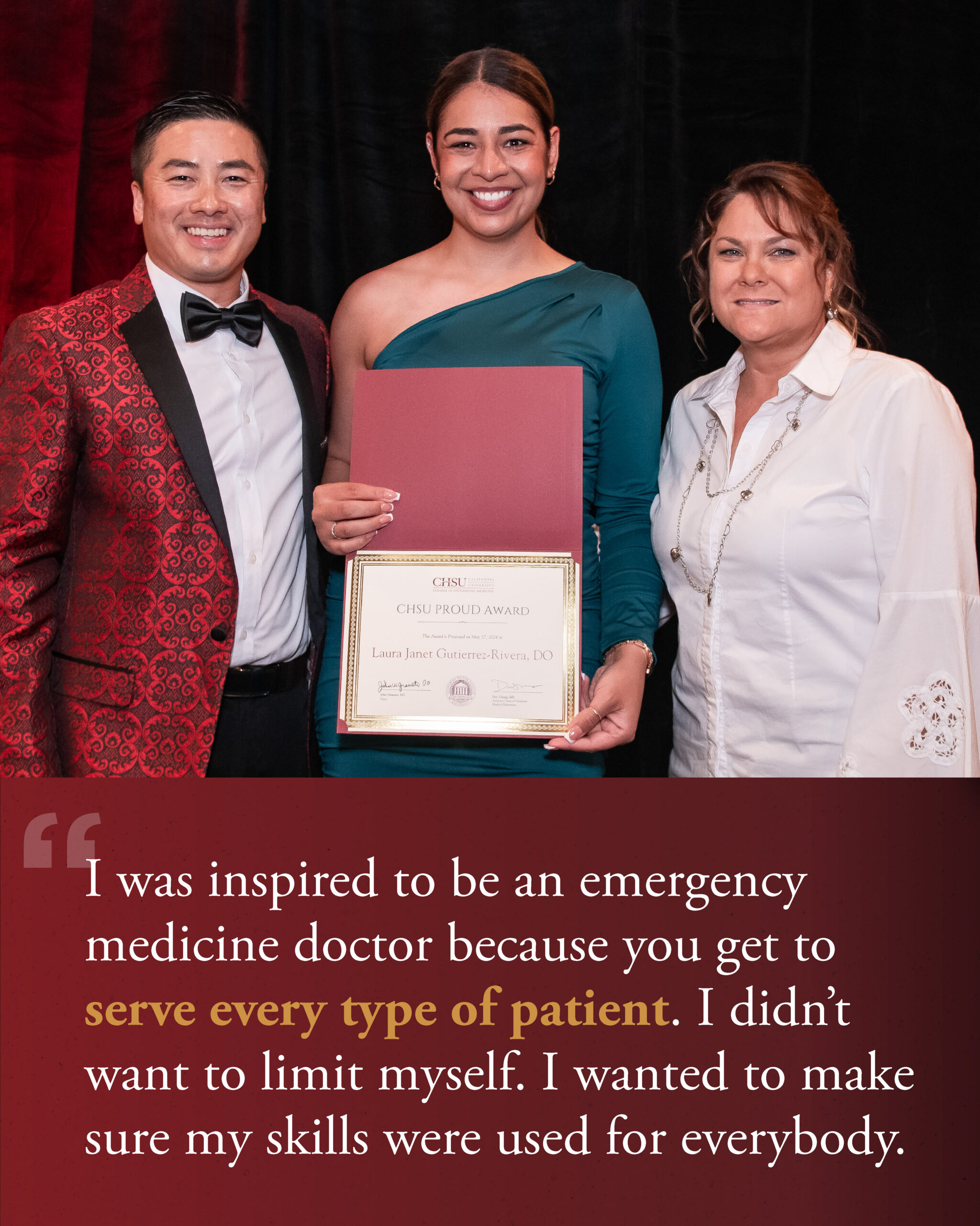 female medical student holding award certificate with faculty and staff