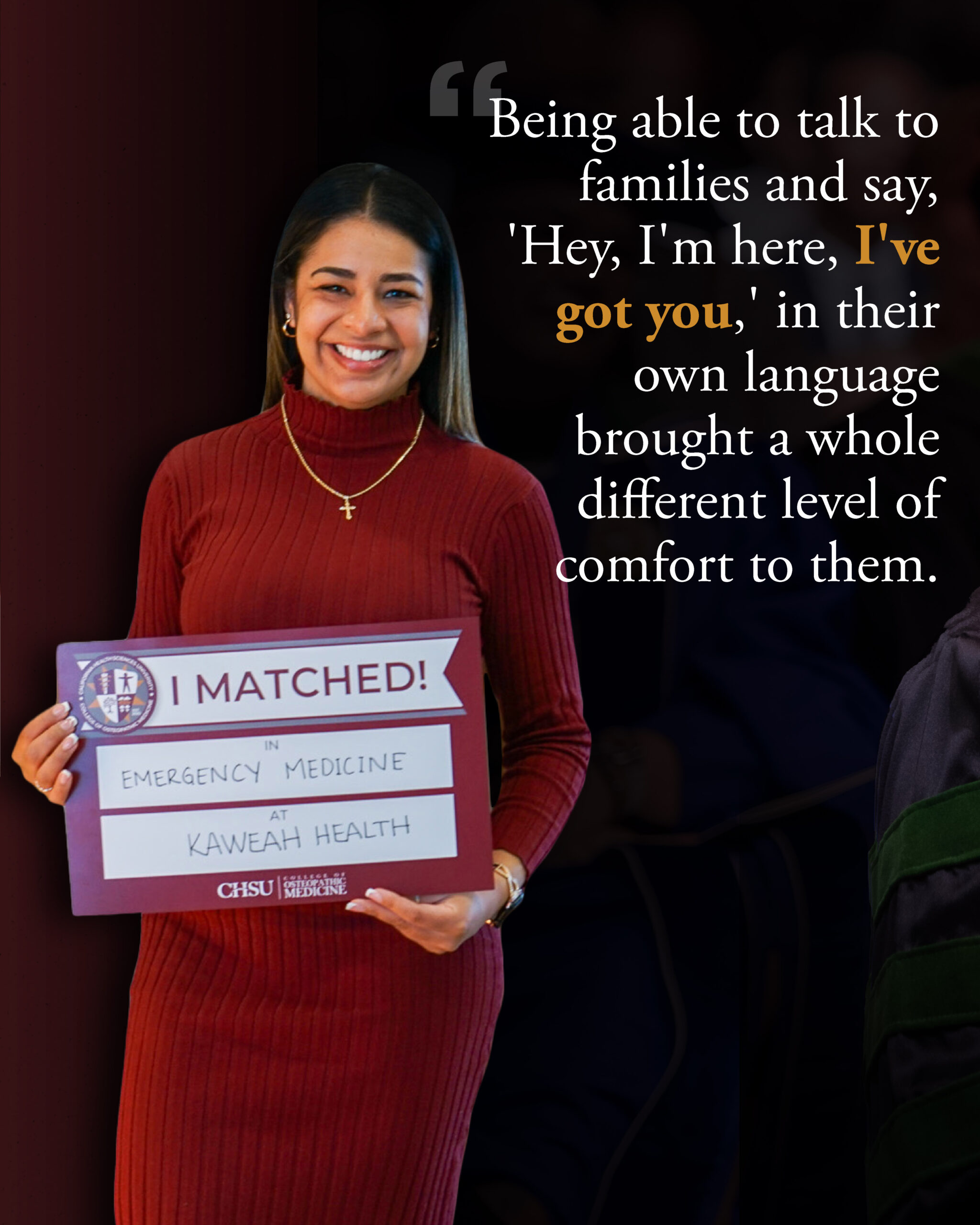 female student holding I Matched sign