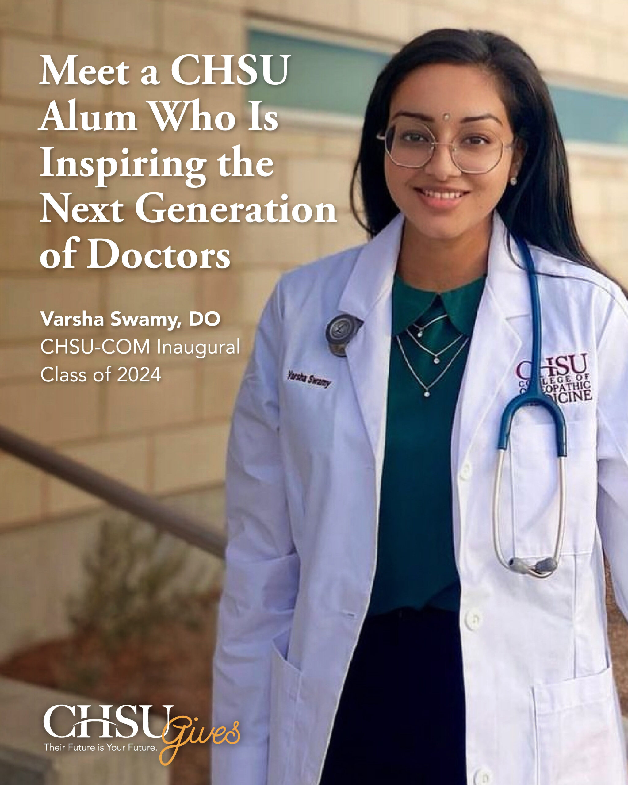 female graduate wearing white coat with stethoscope