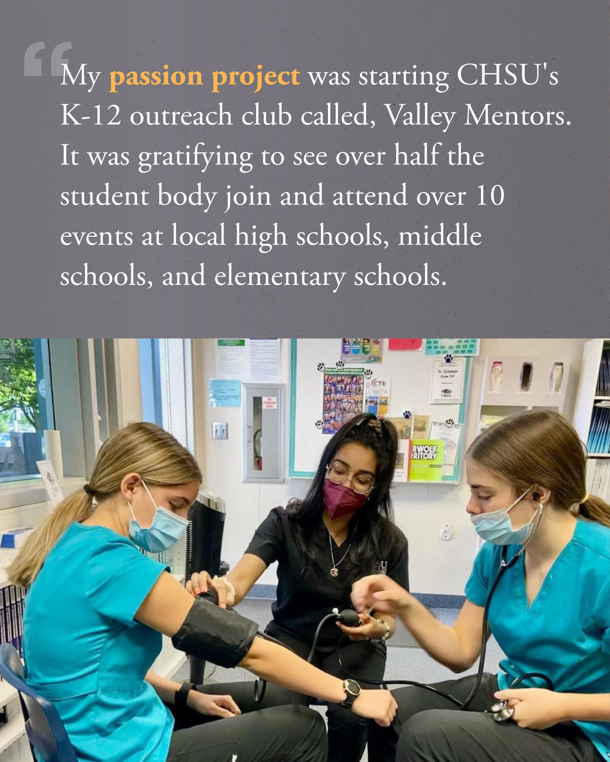 female student wearing face mask guiding a high school student use blood pressure cuff on another student