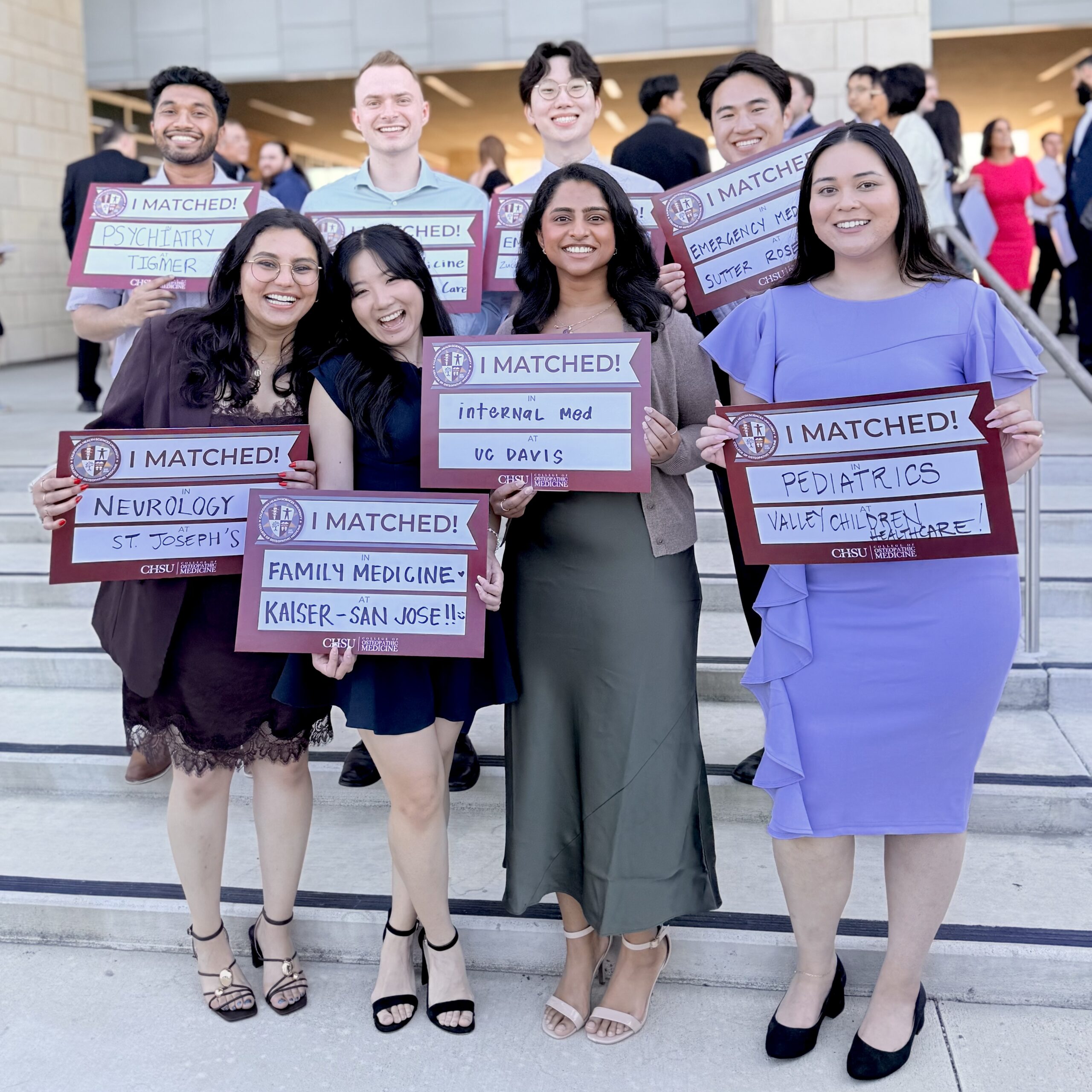 CHSU-COM students holding I Matched Signs with residency placement information
