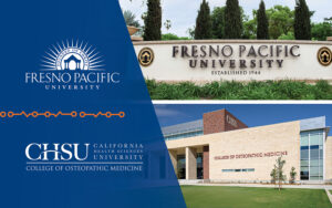 Fresno Pacific University logo and entry monument with California Health Sciences University logo and building