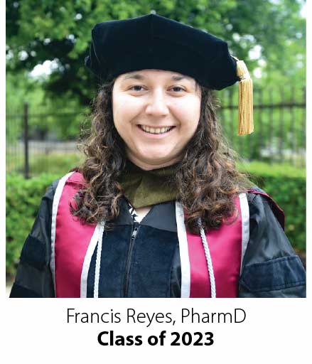 Francis Reyes, PharmD Class of 2023 wearing graduate regalia