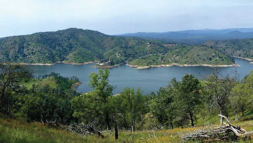 lake surrounded by green hills and trees