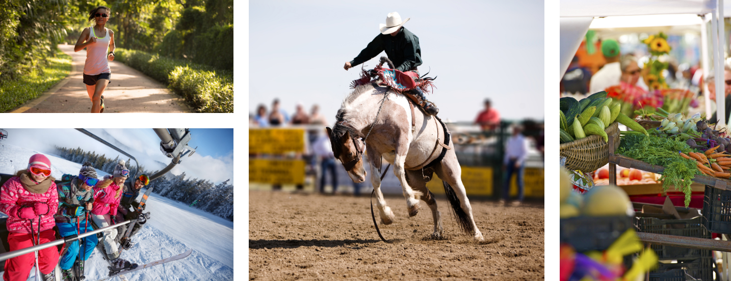 composite photo of woman running on trail surrounded by trees and plants, 4 people in ski clothes on ski lift above snow, cowboy with hat riding bucking horse, cart with lots of various colors of fresh produce at farmers market